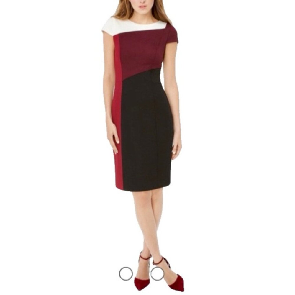 WHBM Dress 12 Wine Plum Black White Red Colorblock Stretch Sheath Career Church